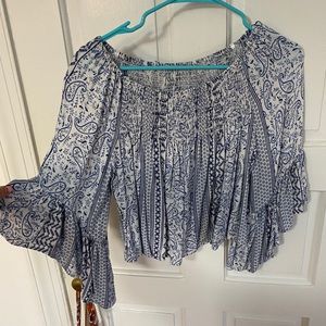 off the shoulder navy and white boho top